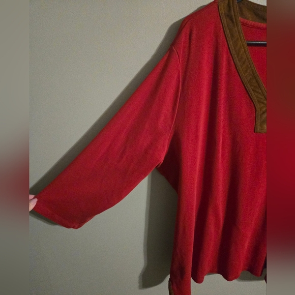 Women's Lauren Ralph Lauren Red Blouse, v-neck, side slits, faux suede trim, 3X - Picture 5 of 8